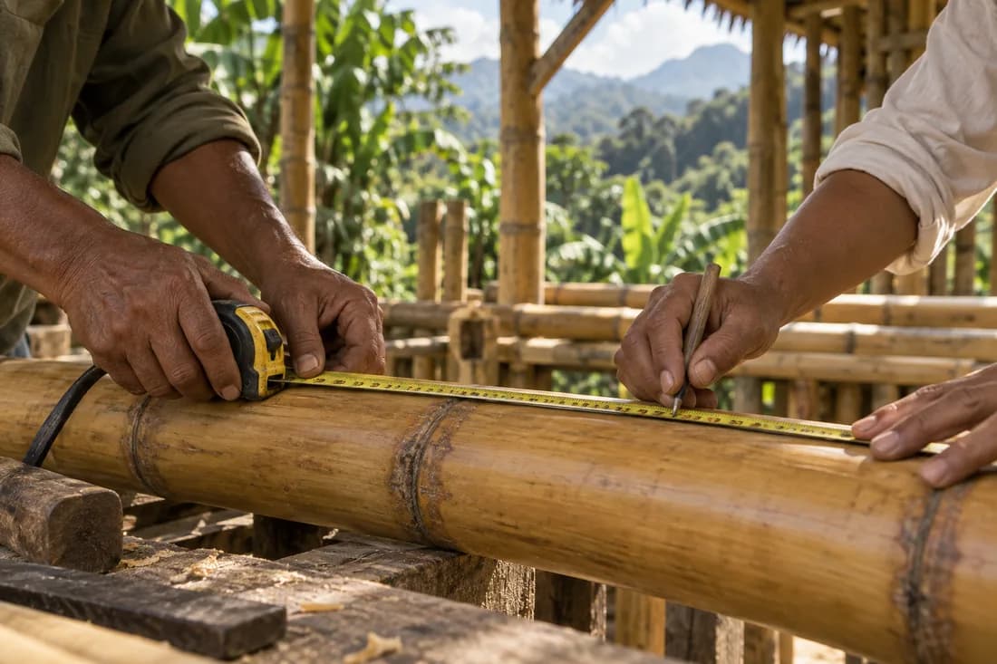 Imagen conceptual de manos trabajando juntas con caña guadúa