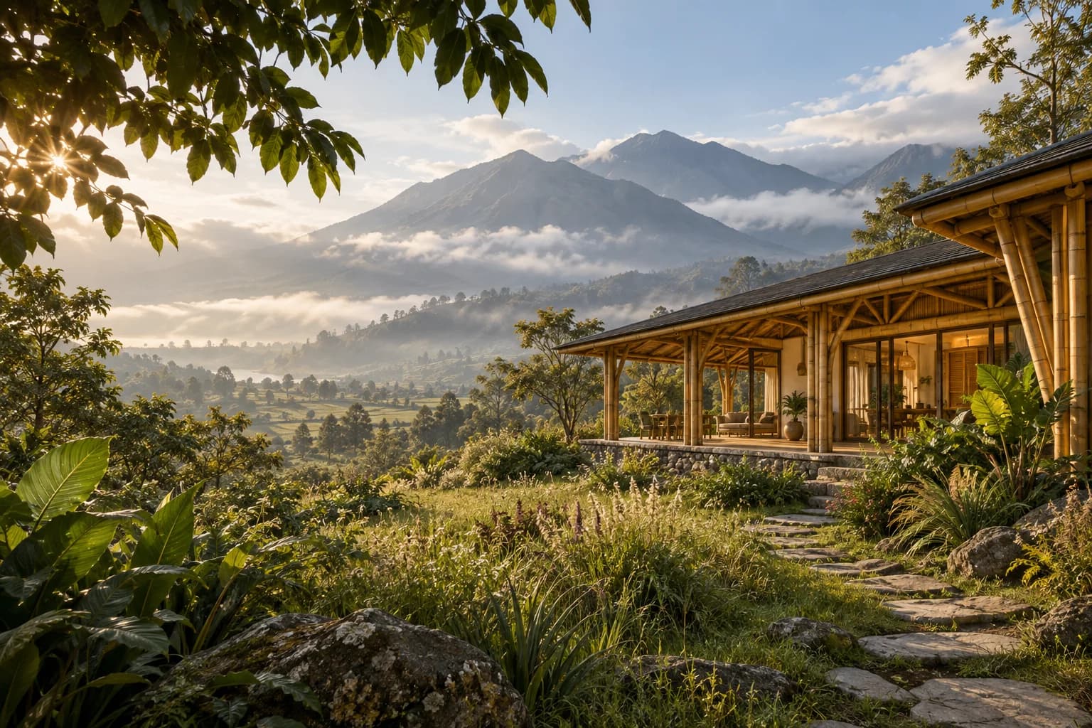 Visualización conceptual de una vivienda de guadúa en un paisaje andino
